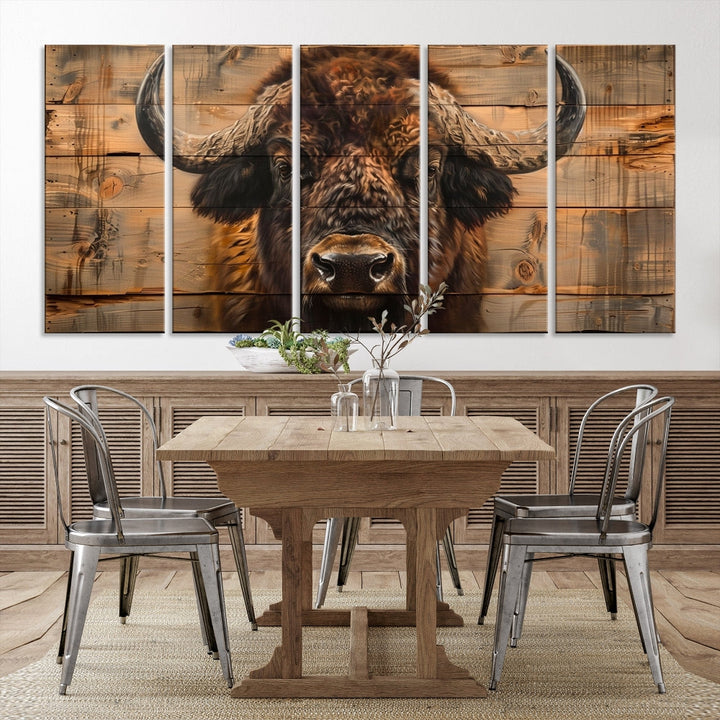 The living room features the Bison on Wood Background Canvas Wall Art American Buffalo Print, expertly crafted by a professional craftsman for a museum-quality aesthetic.