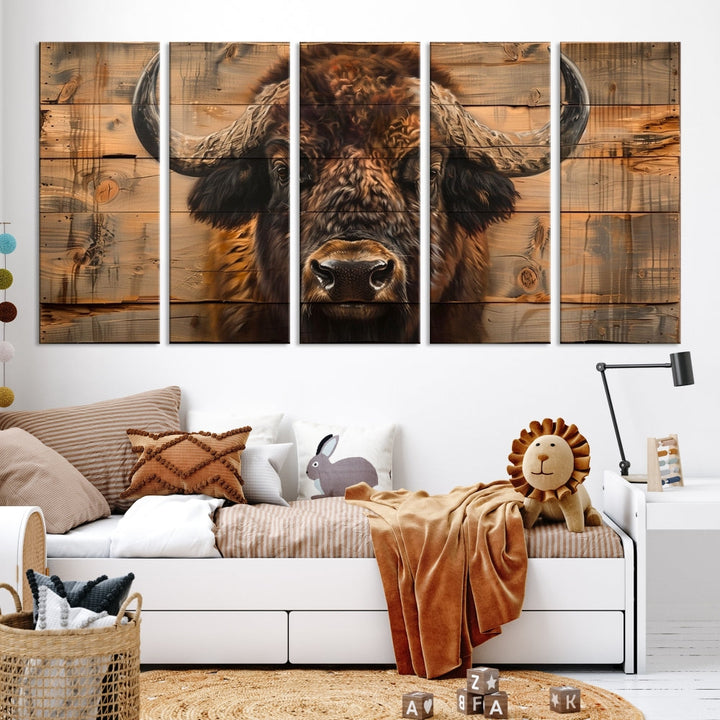 The living room features the Bison on Wood Background Canvas Wall Art American Buffalo Print, expertly crafted by a professional craftsman for a museum-quality aesthetic.