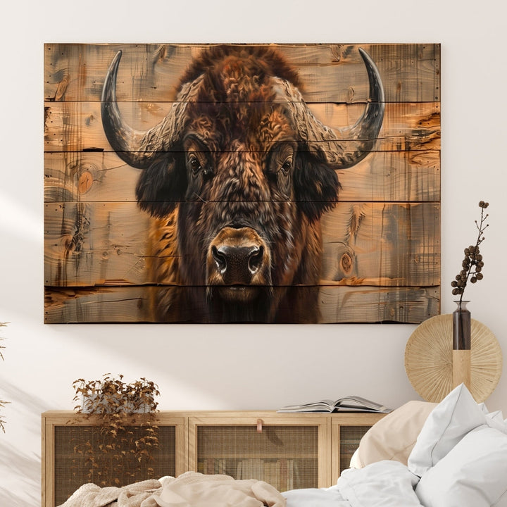 The living room features the Bison on Wood Background Canvas Wall Art American Buffalo Print, expertly crafted by a professional craftsman for a museum-quality aesthetic.