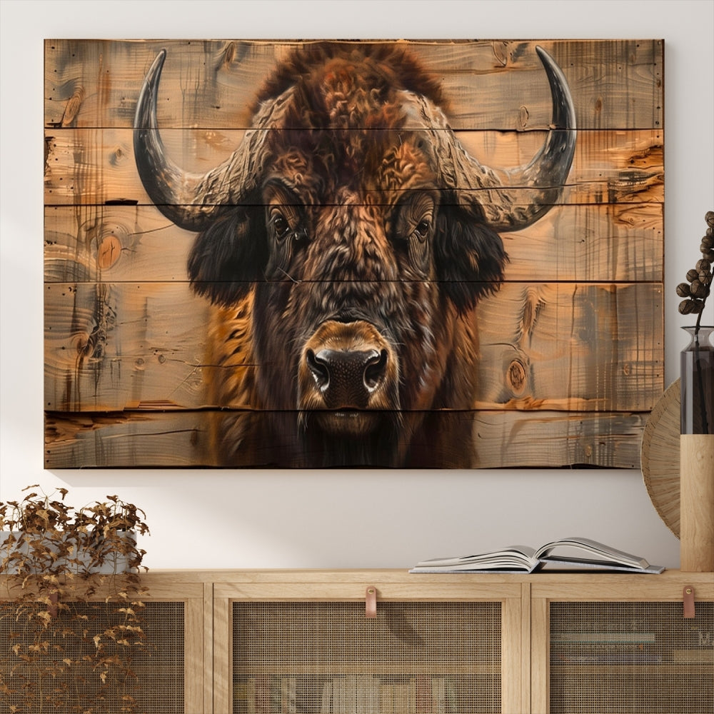 The living room features the Bison on Wood Background Canvas Wall Art American Buffalo Print, expertly crafted by a professional craftsman for a museum-quality aesthetic.