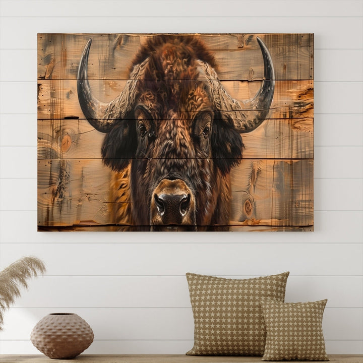 The living room features the Bison on Wood Background Canvas Wall Art American Buffalo Print, expertly crafted by a professional craftsman for a museum-quality aesthetic.