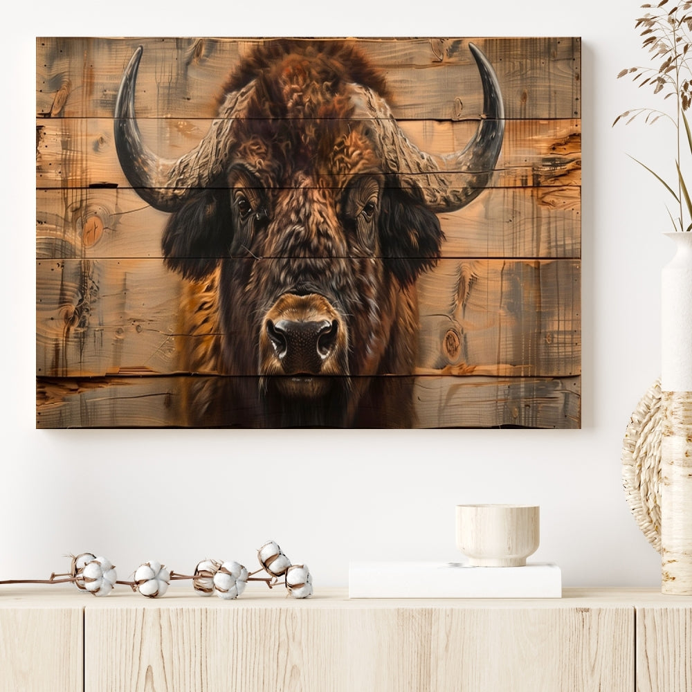 The living room features the Bison on Wood Background Canvas Wall Art American Buffalo Print, expertly crafted by a professional craftsman for a museum-quality aesthetic.