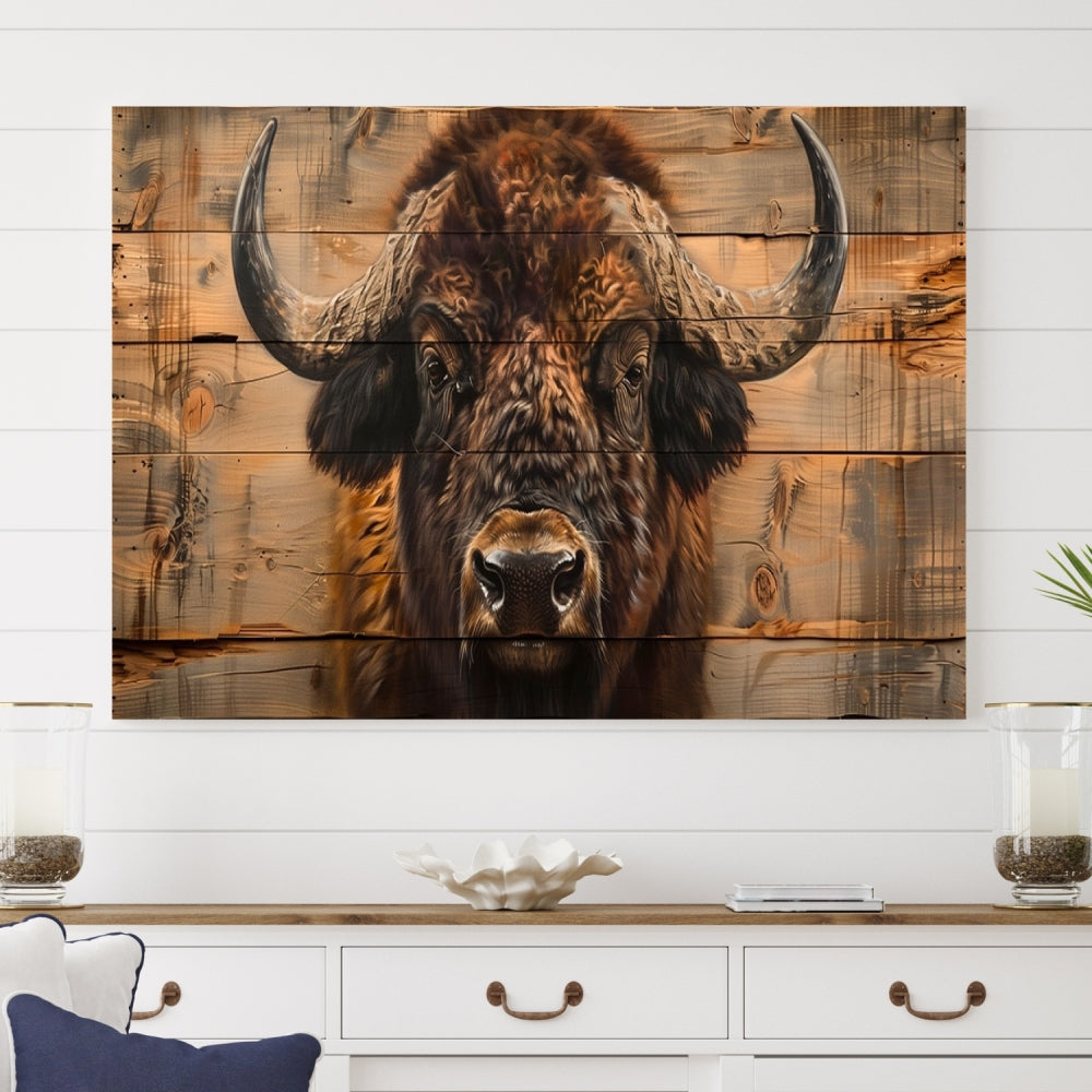 The living room features the Bison on Wood Background Canvas Wall Art American Buffalo Print, expertly crafted by a professional craftsman for a museum-quality aesthetic.