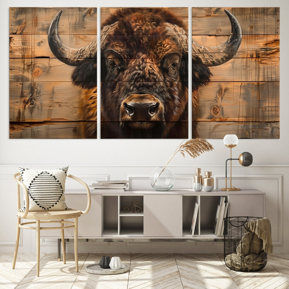 The living room features the Bison on Wood Background Canvas Wall Art American Buffalo Print, expertly crafted by a professional craftsman for a museum-quality aesthetic.