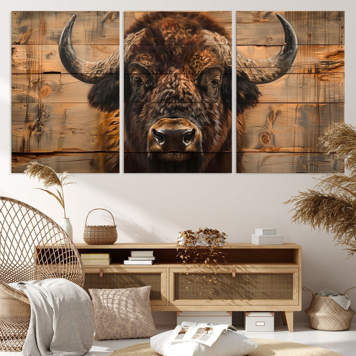 The living room features the Bison on Wood Background Canvas Wall Art American Buffalo Print, expertly crafted by a professional craftsman for a museum-quality aesthetic.