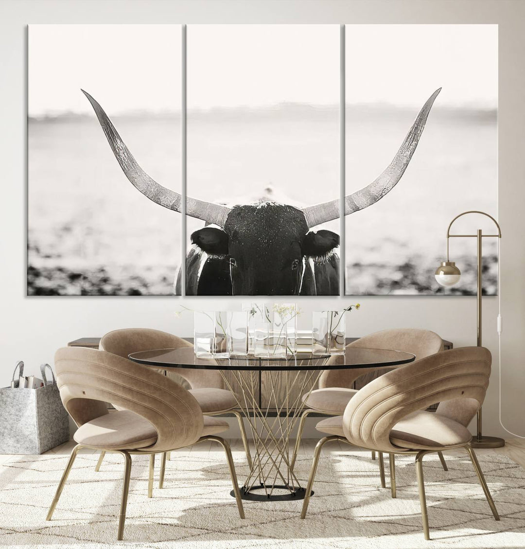 A captivating Black and White Longhorn Wall Art, featuring a triptych of a bull with impressive horns, perfectly suits those who admire Western Longhorn Canvas Prints. This ready-to-hang and framed piece beautifully merges farmhouse wall art with contemporary style.