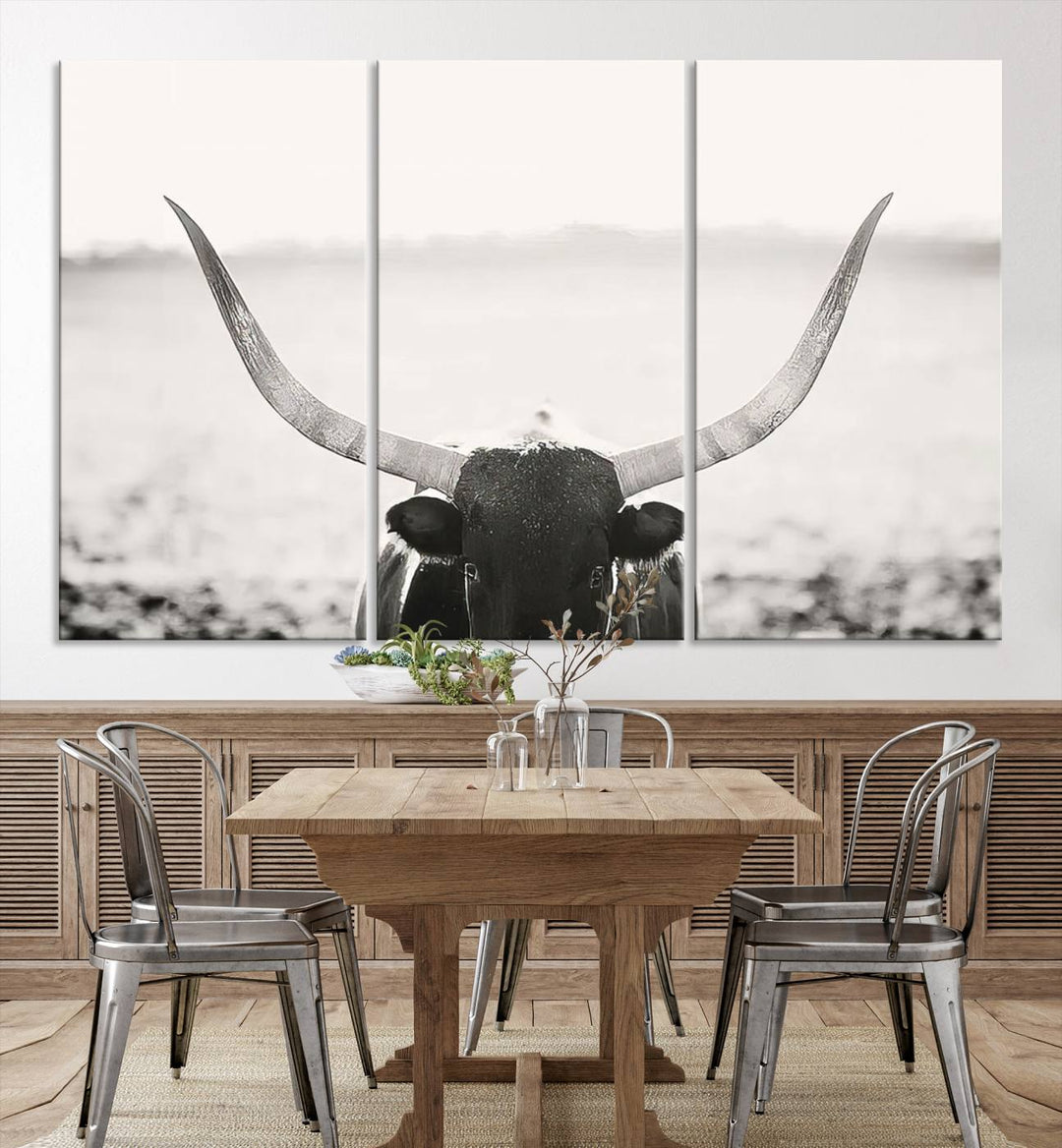 A captivating Black and White Longhorn Wall Art, featuring a triptych of a bull with impressive horns, perfectly suits those who admire Western Longhorn Canvas Prints. This ready-to-hang and framed piece beautifully merges farmhouse wall art with contemporary style.