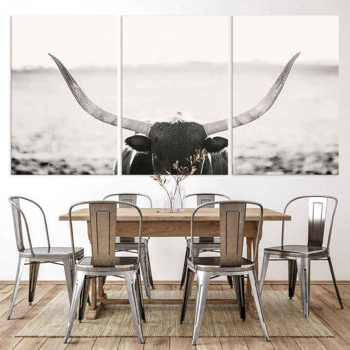 A captivating Black and White Longhorn Wall Art, featuring a triptych of a bull with impressive horns, perfectly suits those who admire Western Longhorn Canvas Prints. This ready-to-hang and framed piece beautifully merges farmhouse wall art with contemporary style.