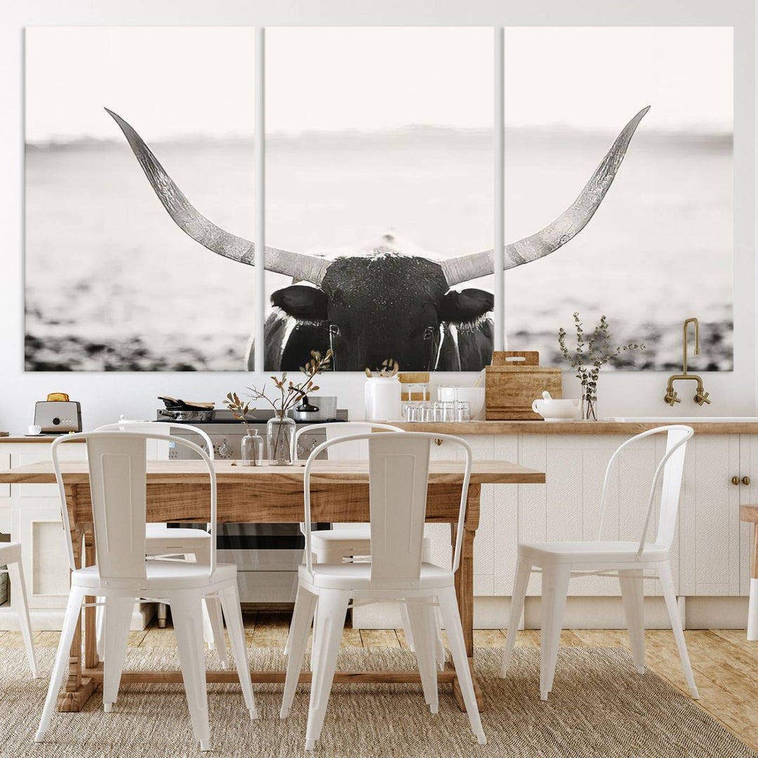 A captivating Black and White Longhorn Wall Art, featuring a triptych of a bull with impressive horns, perfectly suits those who admire Western Longhorn Canvas Prints. This ready-to-hang and framed piece beautifully merges farmhouse wall art with contemporary style.