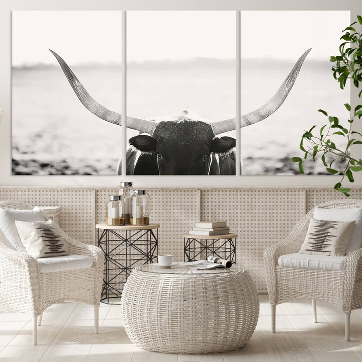 A captivating Black and White Longhorn Wall Art, featuring a triptych of a bull with impressive horns, perfectly suits those who admire Western Longhorn Canvas Prints. This ready-to-hang and framed piece beautifully merges farmhouse wall art with contemporary style.