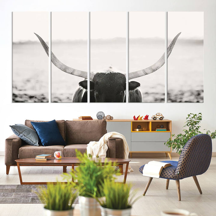 A captivating Black and White Longhorn Wall Art, featuring a triptych of a bull with impressive horns, perfectly suits those who admire Western Longhorn Canvas Prints. This ready-to-hang and framed piece beautifully merges farmhouse wall art with contemporary style.