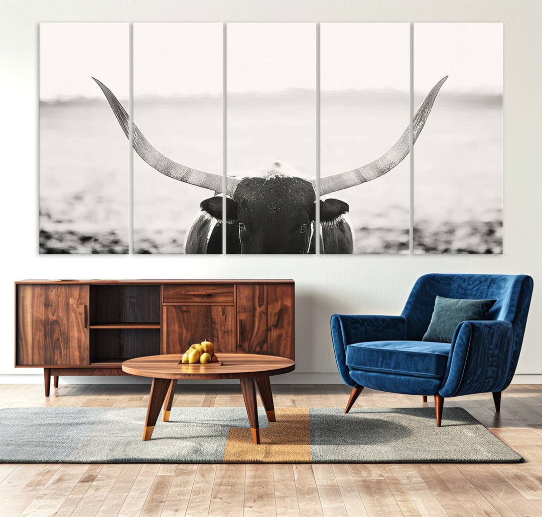 A captivating Black and White Longhorn Wall Art, featuring a triptych of a bull with impressive horns, perfectly suits those who admire Western Longhorn Canvas Prints. This ready-to-hang and framed piece beautifully merges farmhouse wall art with contemporary style.