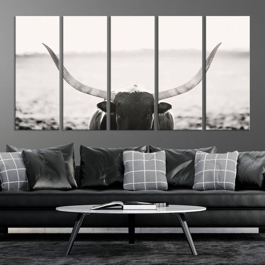 A captivating Black and White Longhorn Wall Art, featuring a triptych of a bull with impressive horns, perfectly suits those who admire Western Longhorn Canvas Prints. This ready-to-hang and framed piece beautifully merges farmhouse wall art with contemporary style.