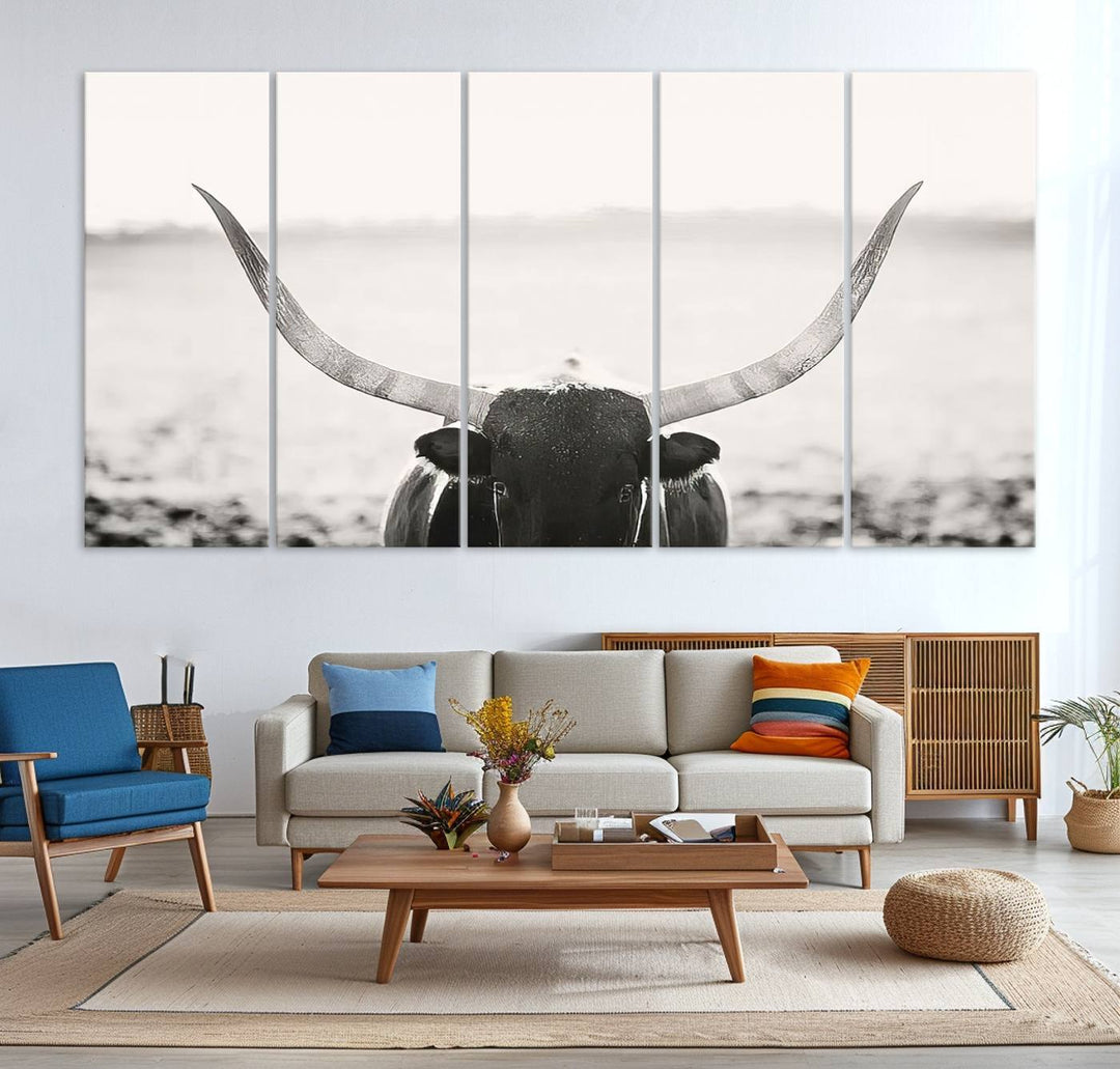 A captivating Black and White Longhorn Wall Art, featuring a triptych of a bull with impressive horns, perfectly suits those who admire Western Longhorn Canvas Prints. This ready-to-hang and framed piece beautifully merges farmhouse wall art with contemporary style.