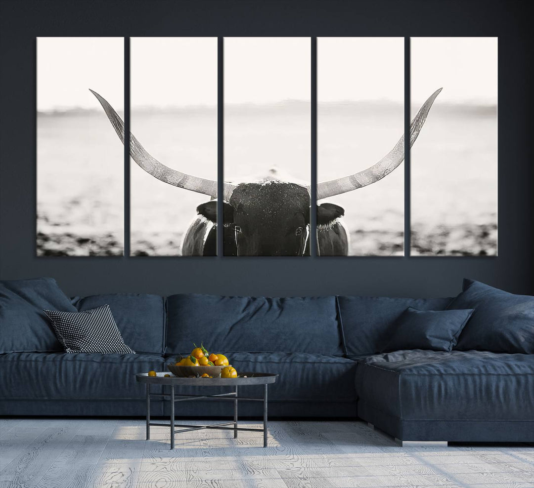 A captivating Black and White Longhorn Wall Art, featuring a triptych of a bull with impressive horns, perfectly suits those who admire Western Longhorn Canvas Prints. This ready-to-hang and framed piece beautifully merges farmhouse wall art with contemporary style.