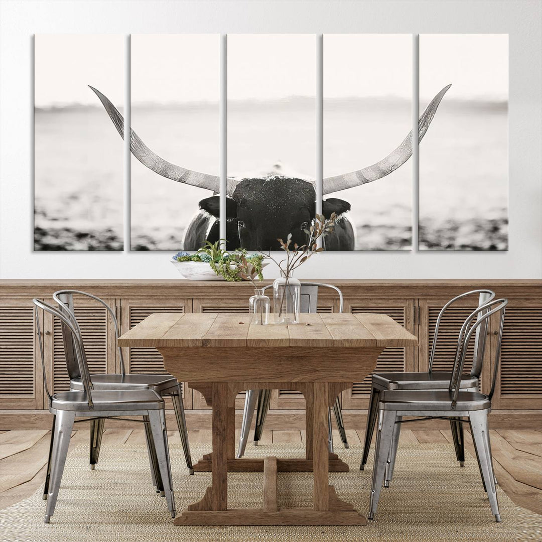 A captivating Black and White Longhorn Wall Art, featuring a triptych of a bull with impressive horns, perfectly suits those who admire Western Longhorn Canvas Prints. This ready-to-hang and framed piece beautifully merges farmhouse wall art with contemporary style.