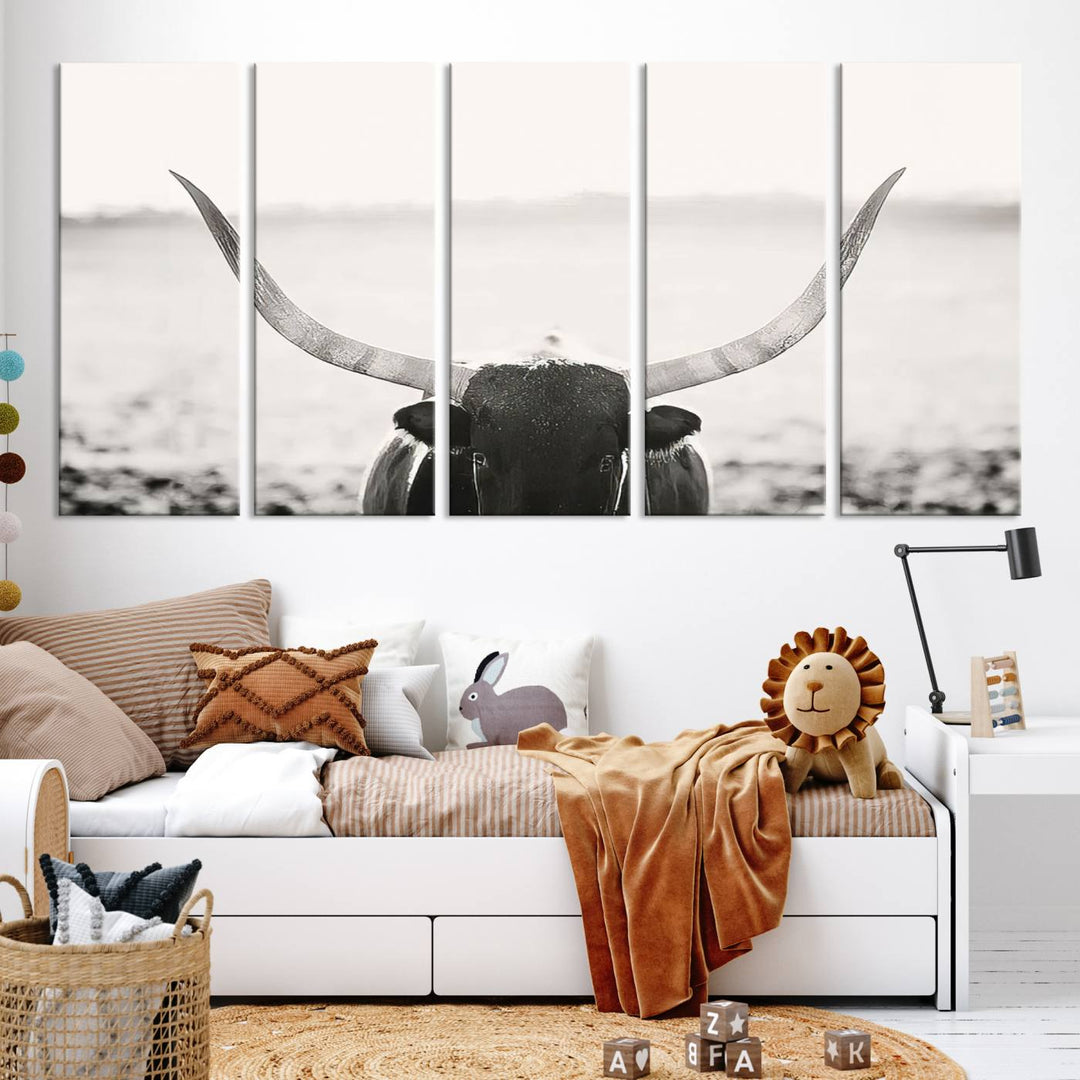 A captivating Black and White Longhorn Wall Art, featuring a triptych of a bull with impressive horns, perfectly suits those who admire Western Longhorn Canvas Prints. This ready-to-hang and framed piece beautifully merges farmhouse wall art with contemporary style.