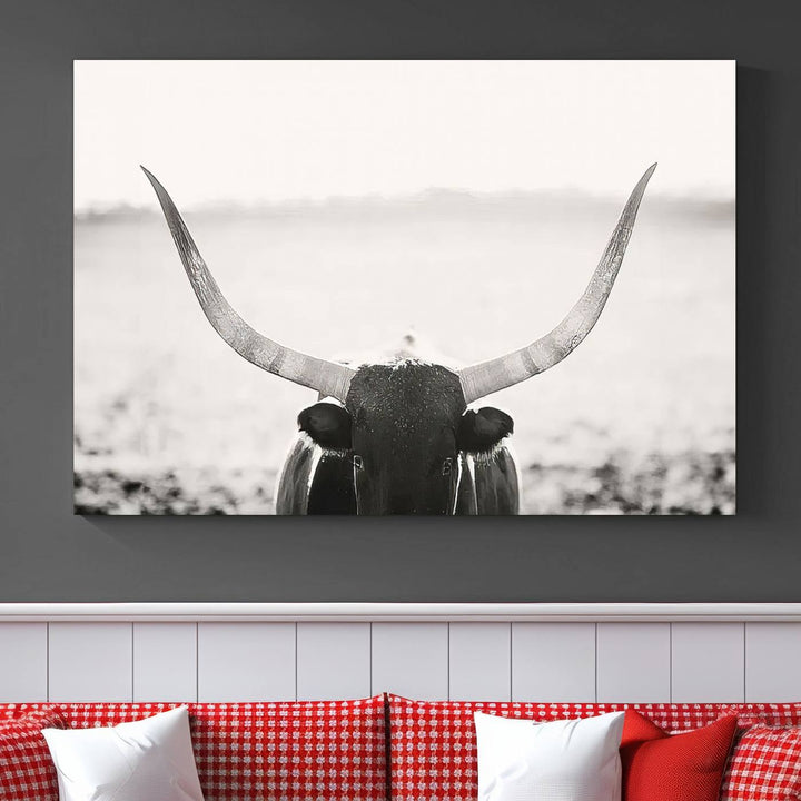 A captivating Black and White Longhorn Wall Art, featuring a triptych of a bull with impressive horns, perfectly suits those who admire Western Longhorn Canvas Prints. This ready-to-hang and framed piece beautifully merges farmhouse wall art with contemporary style.