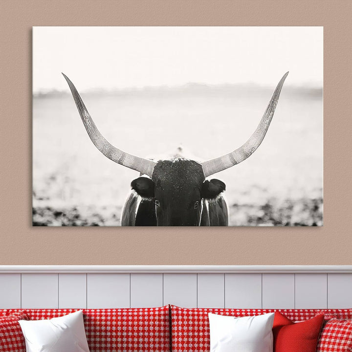 A captivating Black and White Longhorn Wall Art, featuring a triptych of a bull with impressive horns, perfectly suits those who admire Western Longhorn Canvas Prints. This ready-to-hang and framed piece beautifully merges farmhouse wall art with contemporary style.