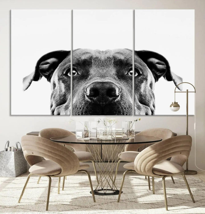 The "Black and White Pit Bull Dog Wall Art Canvas Print" elegantly adorns the living room, infusing character and charm into the contemporary setting. This captivating piece is perfect for dog lovers.