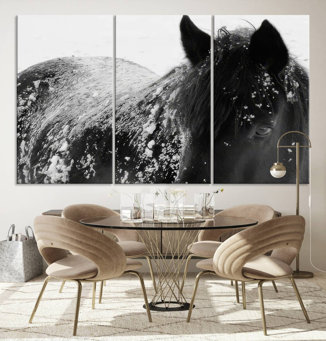 The "Black Horse in Snow Canvas Print" serves as an ideal rustic cabin wall art centerpiece with its triptych design of a snowy black horse.