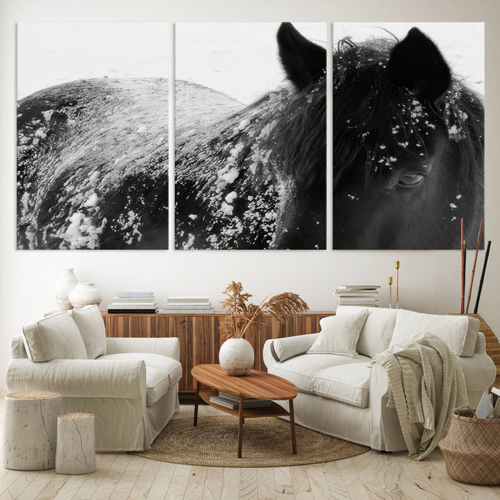 The "Black Horse in Snow Canvas Print" serves as an ideal rustic cabin wall art centerpiece with its triptych design of a snowy black horse.