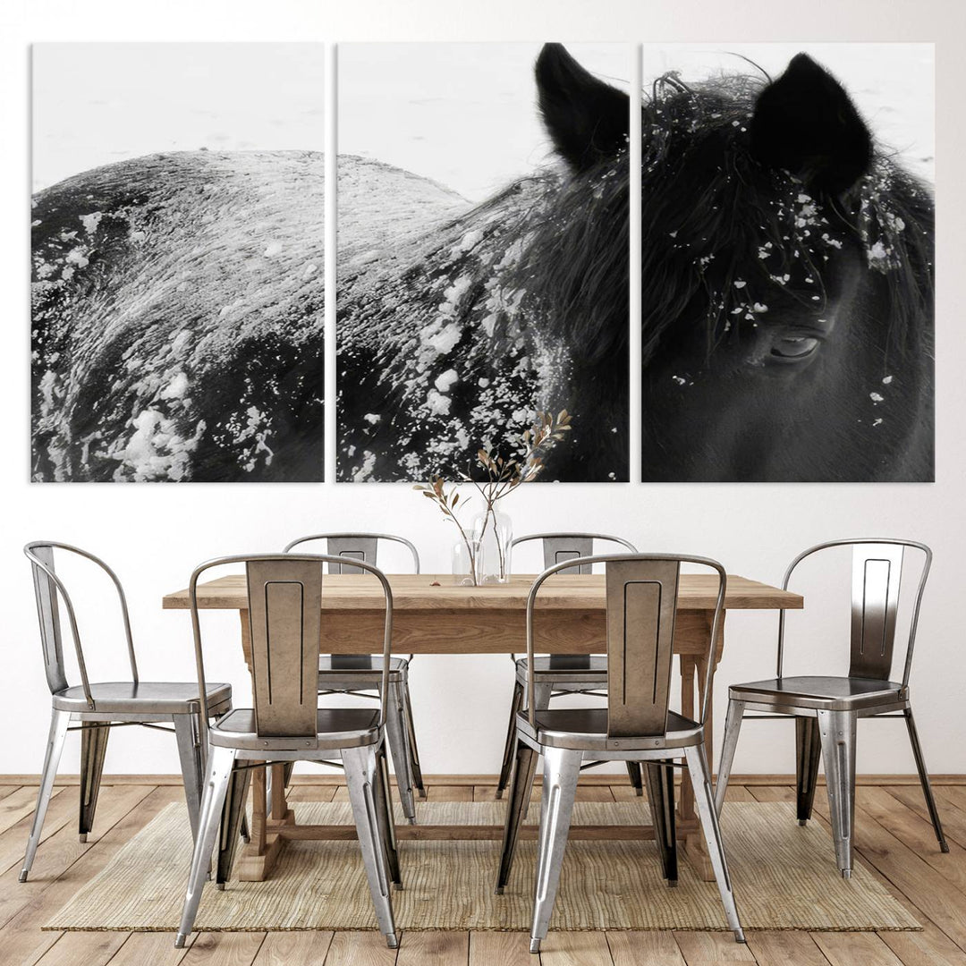 The "Black Horse in Snow Canvas Print" serves as an ideal rustic cabin wall art centerpiece with its triptych design of a snowy black horse.