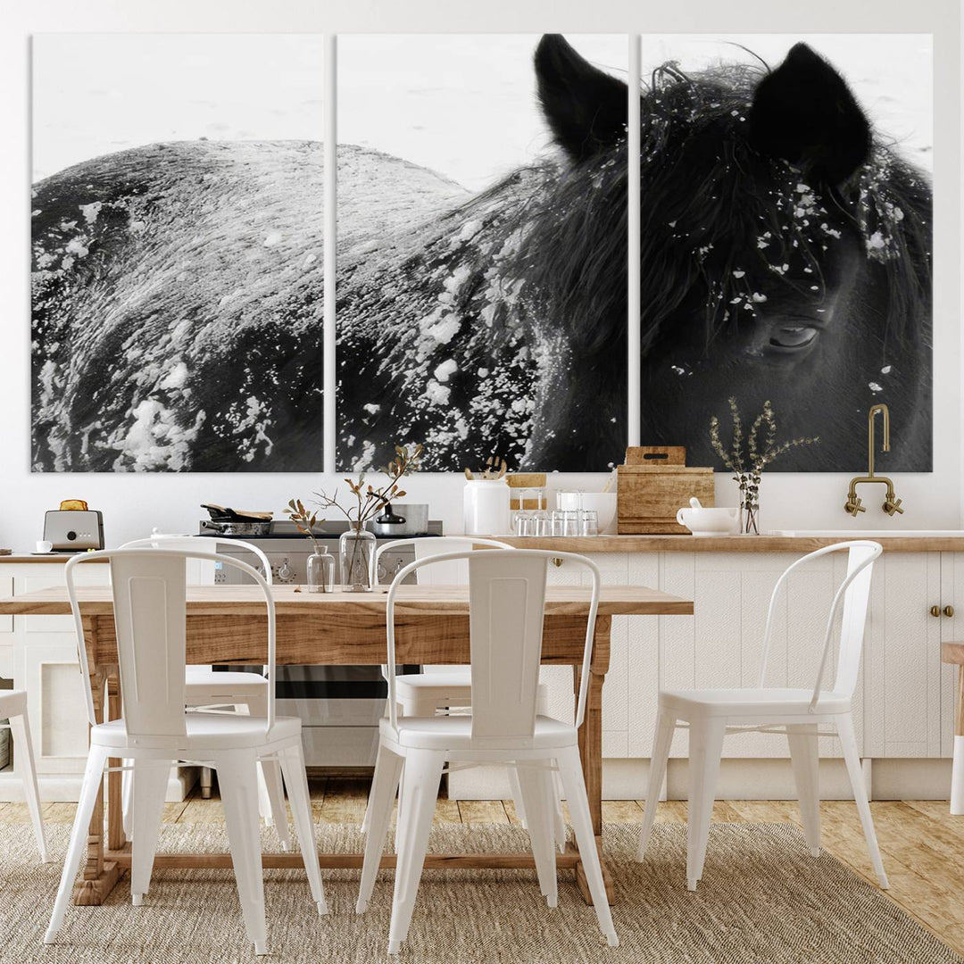 The "Black Horse in Snow Canvas Print" serves as an ideal rustic cabin wall art centerpiece with its triptych design of a snowy black horse.