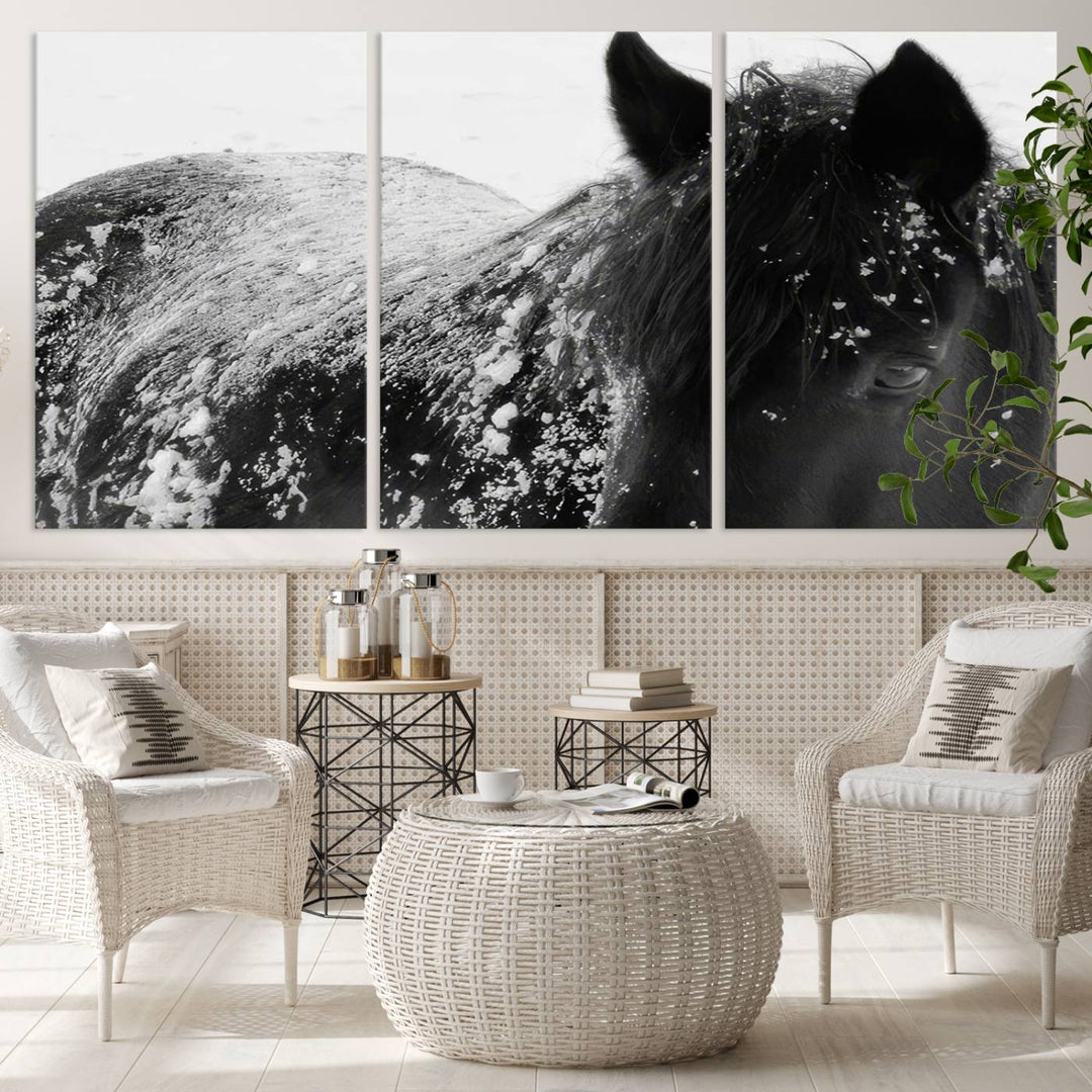 The "Black Horse in Snow Canvas Print" serves as an ideal rustic cabin wall art centerpiece with its triptych design of a snowy black horse.