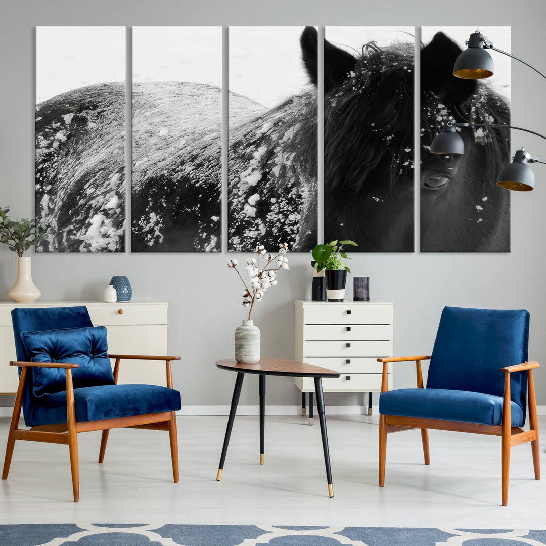 The "Black Horse in Snow Canvas Print" serves as an ideal rustic cabin wall art centerpiece with its triptych design of a snowy black horse.