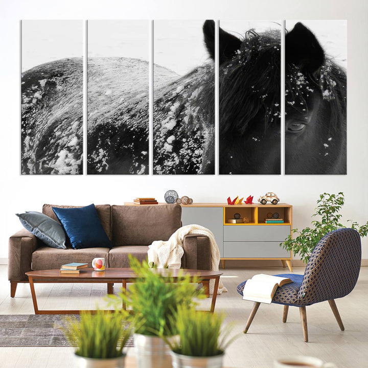 The "Black Horse in Snow Canvas Print" serves as an ideal rustic cabin wall art centerpiece with its triptych design of a snowy black horse.