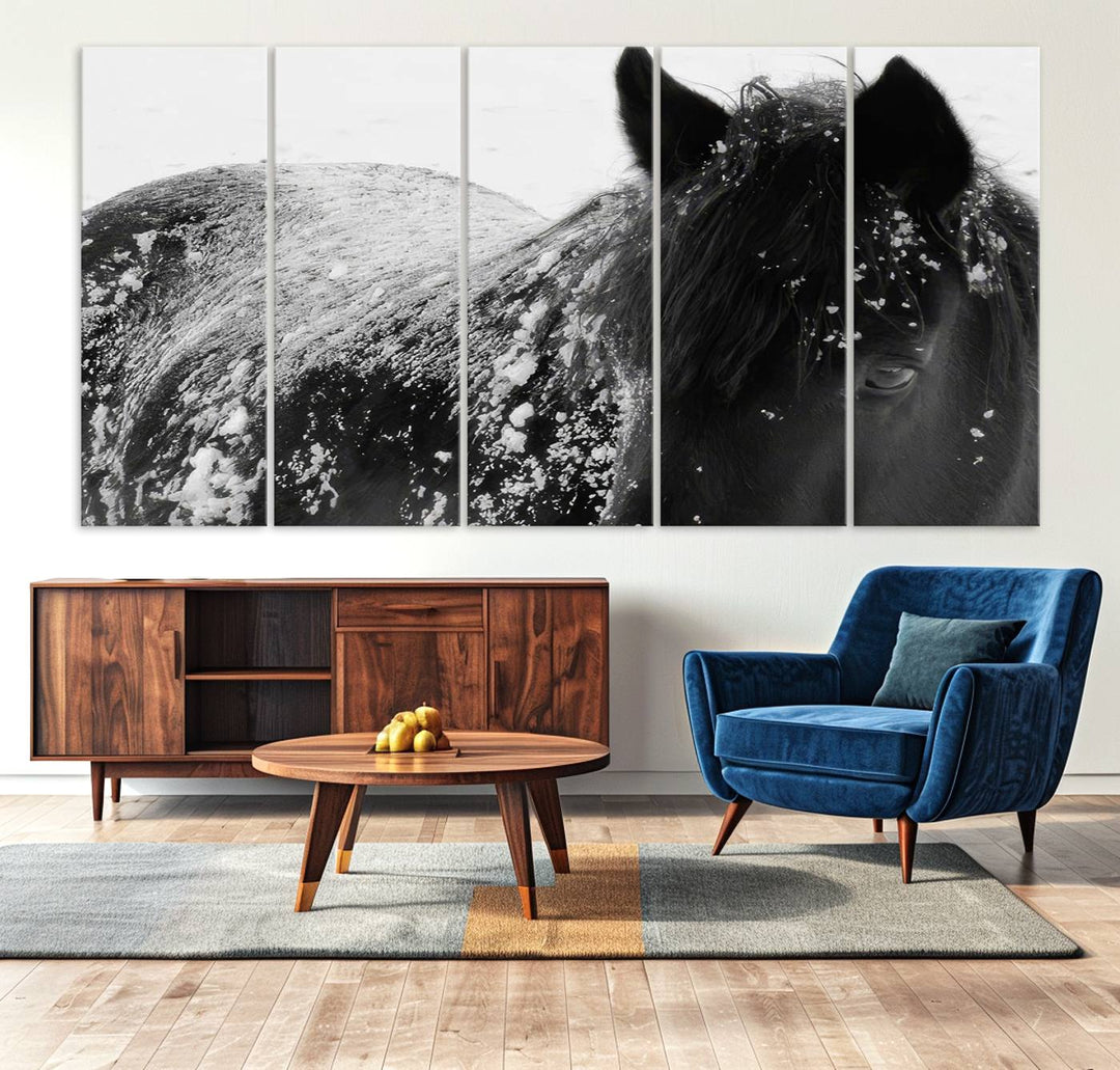 The "Black Horse in Snow Canvas Print" serves as an ideal rustic cabin wall art centerpiece with its triptych design of a snowy black horse.