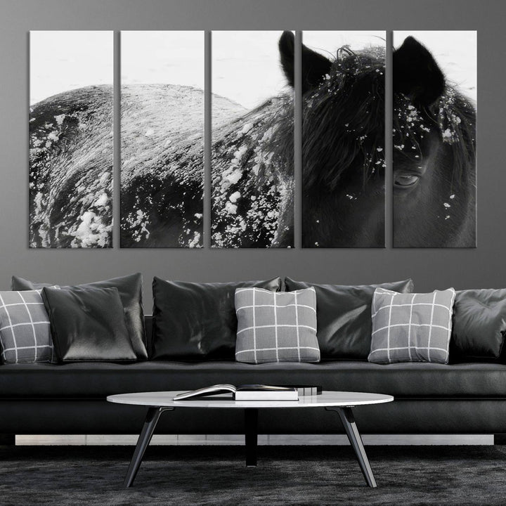 The "Black Horse in Snow Canvas Print" serves as an ideal rustic cabin wall art centerpiece with its triptych design of a snowy black horse.