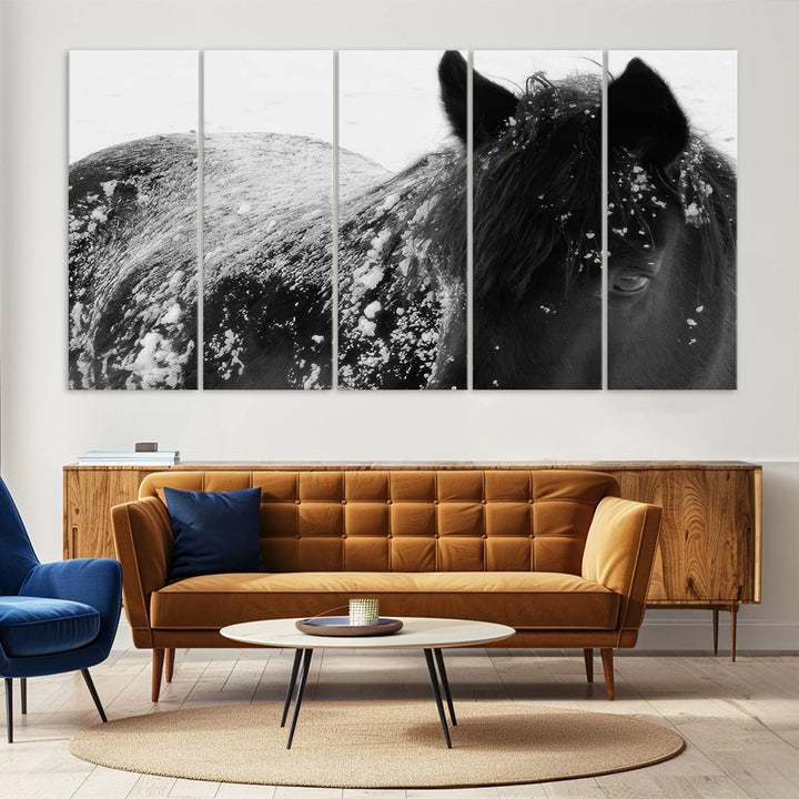 The "Black Horse in Snow Canvas Print" serves as an ideal rustic cabin wall art centerpiece with its triptych design of a snowy black horse.