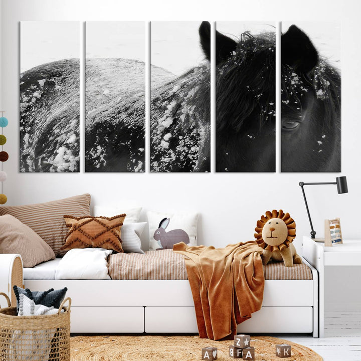 The "Black Horse in Snow Canvas Print" serves as an ideal rustic cabin wall art centerpiece with its triptych design of a snowy black horse.