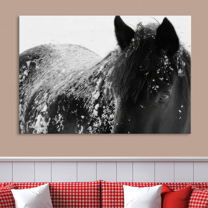 The "Black Horse in Snow Canvas Print" serves as an ideal rustic cabin wall art centerpiece with its triptych design of a snowy black horse.