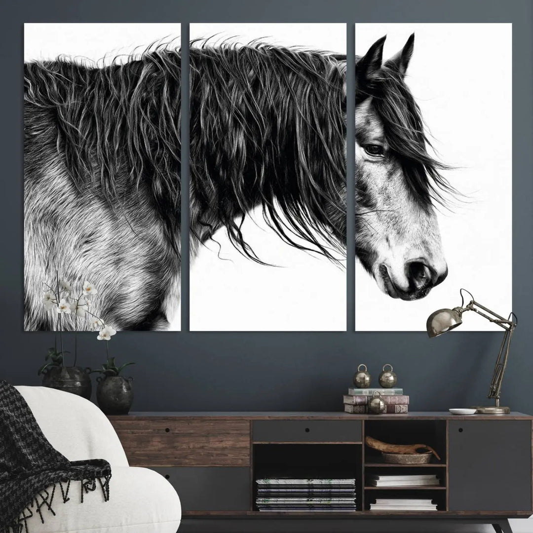 The Black Horse Wall Art Canvas hangs elegantly in a modern kitchen setting.