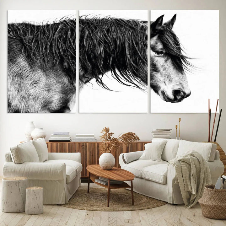 The Black Horse Wall Art Canvas hangs elegantly in a modern kitchen setting.