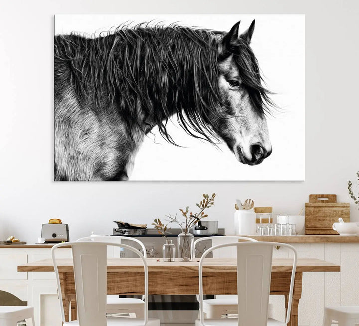 The Black Horse Wall Art Canvas hangs elegantly in a modern kitchen setting.