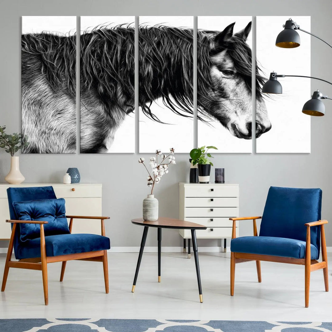 The Black Horse Wall Art Canvas hangs elegantly in a modern kitchen setting.