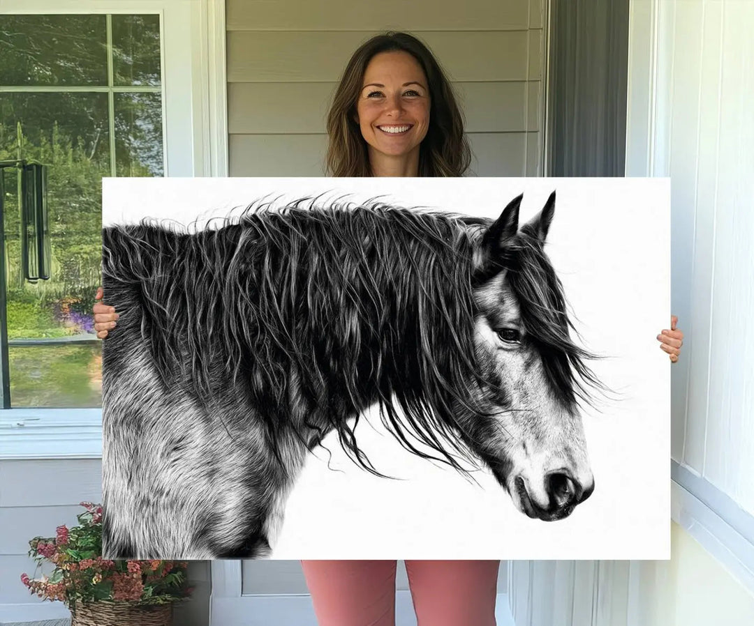 The Black Horse Wall Art Canvas hangs elegantly in a modern kitchen setting.