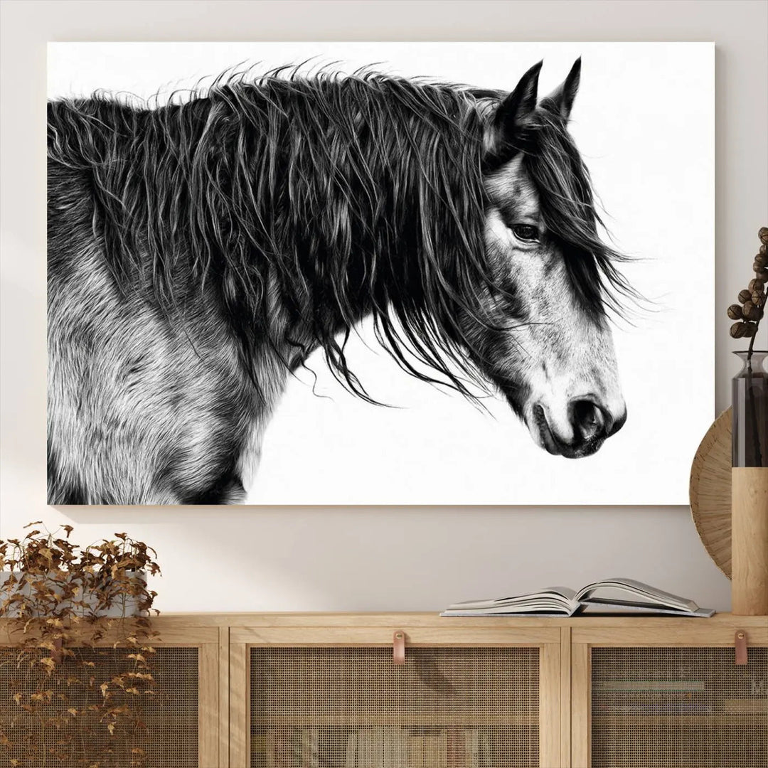 The Black Horse Wall Art Canvas hangs elegantly in a modern kitchen setting.