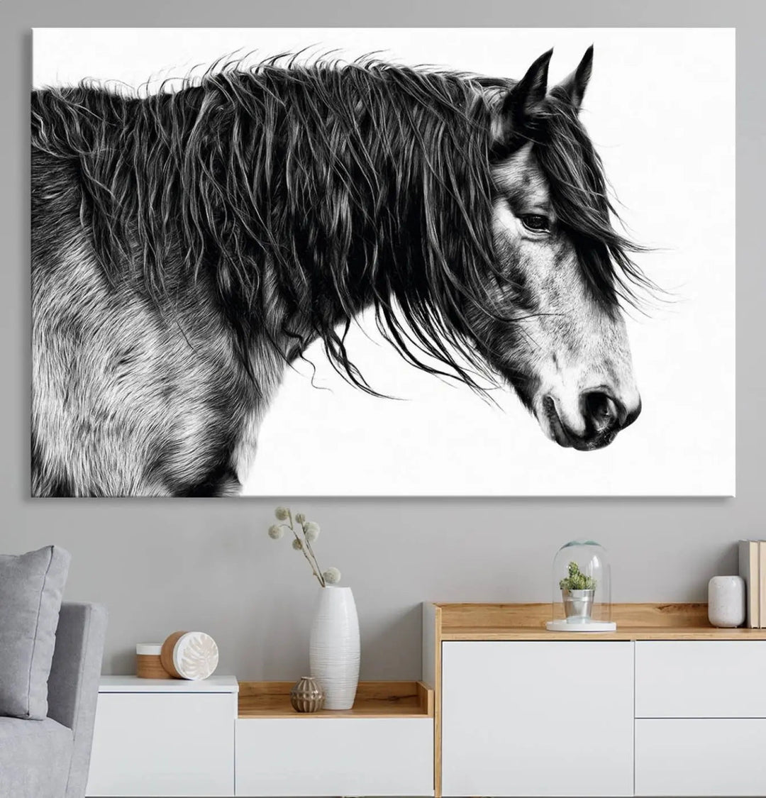 The Black Horse Wall Art Canvas hangs elegantly in a modern kitchen setting.