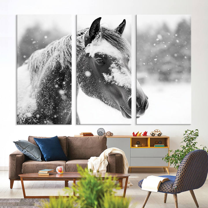 The Black Horse Winter Wall Art, framed and ready to hang, is beautifully displayed as farmhouse and western wall decor.