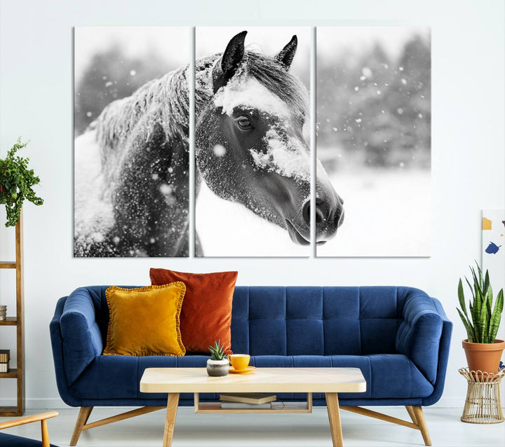 The Black Horse Winter Wall Art, framed and ready to hang, is beautifully displayed as farmhouse and western wall decor.