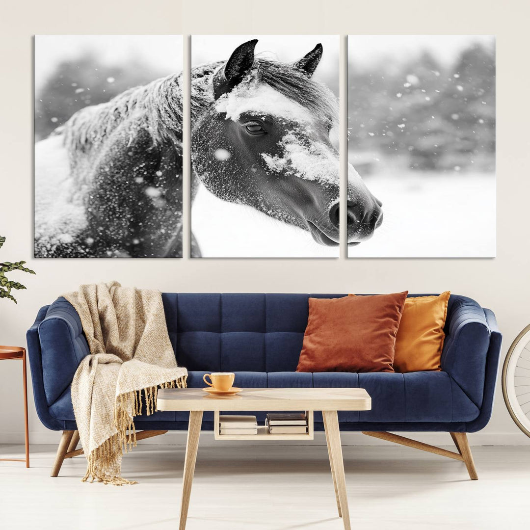 The Black Horse Winter Wall Art, framed and ready to hang, is beautifully displayed as farmhouse and western wall decor.