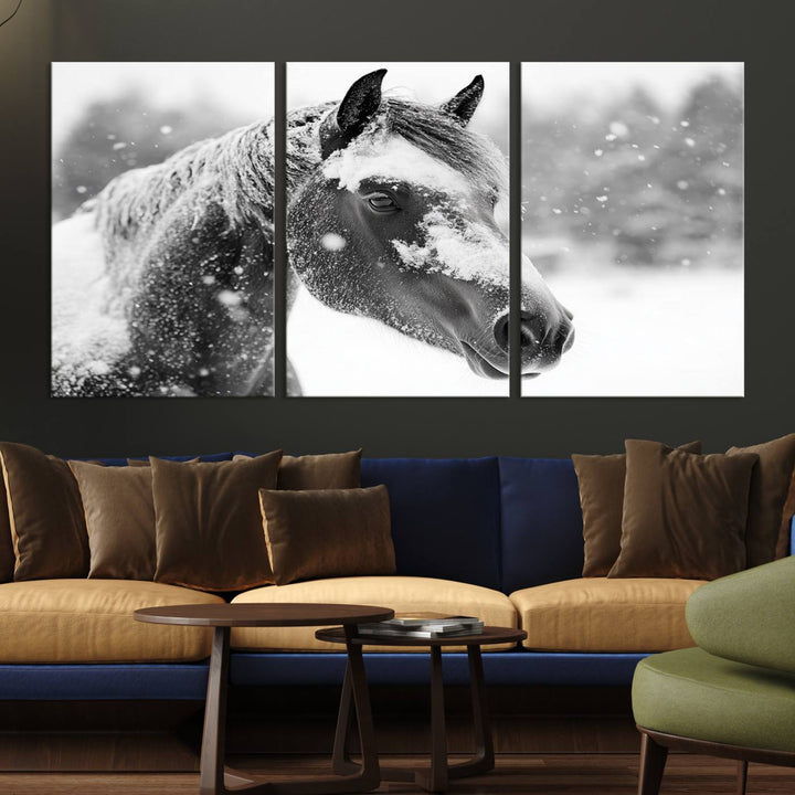 The Black Horse Winter Wall Art, framed and ready to hang, is beautifully displayed as farmhouse and western wall decor.