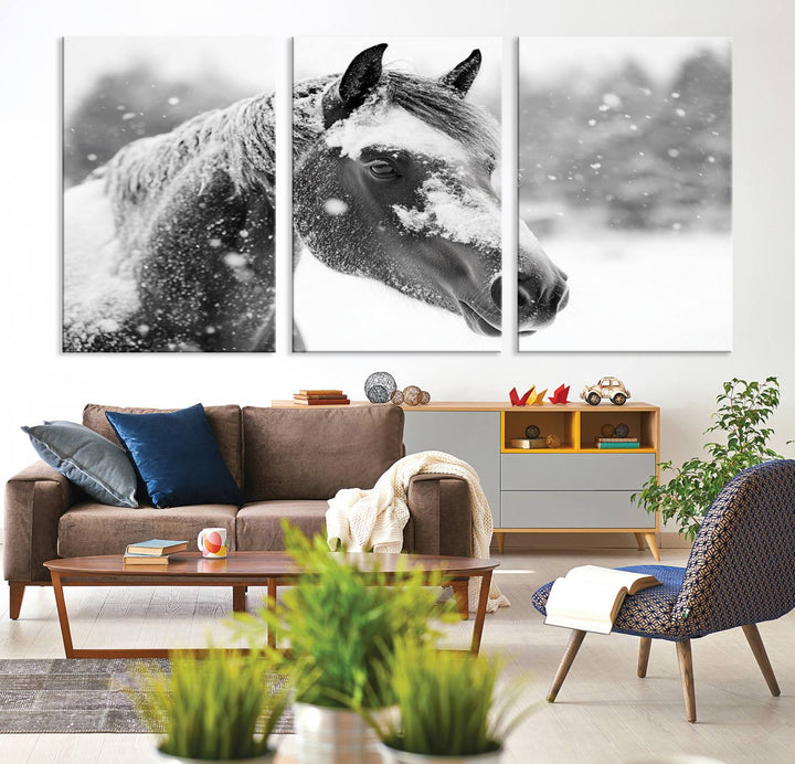 The Black Horse Winter Wall Art, framed and ready to hang, is beautifully displayed as farmhouse and western wall decor.