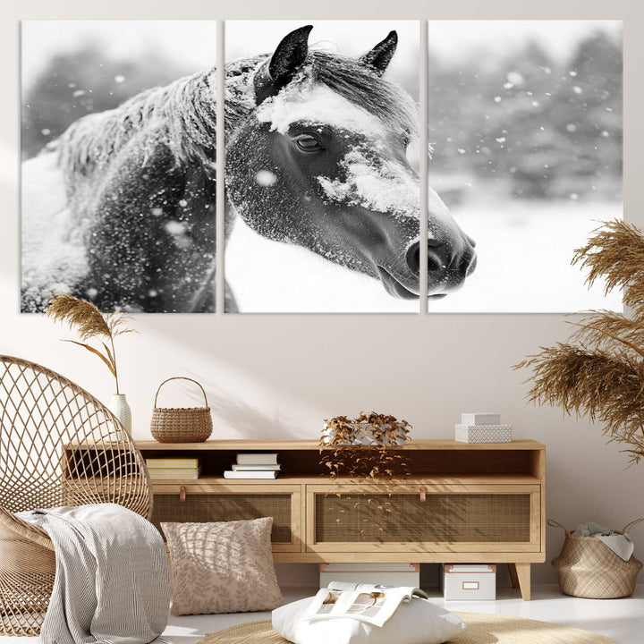 The Black Horse Winter Wall Art, framed and ready to hang, is beautifully displayed as farmhouse and western wall decor.