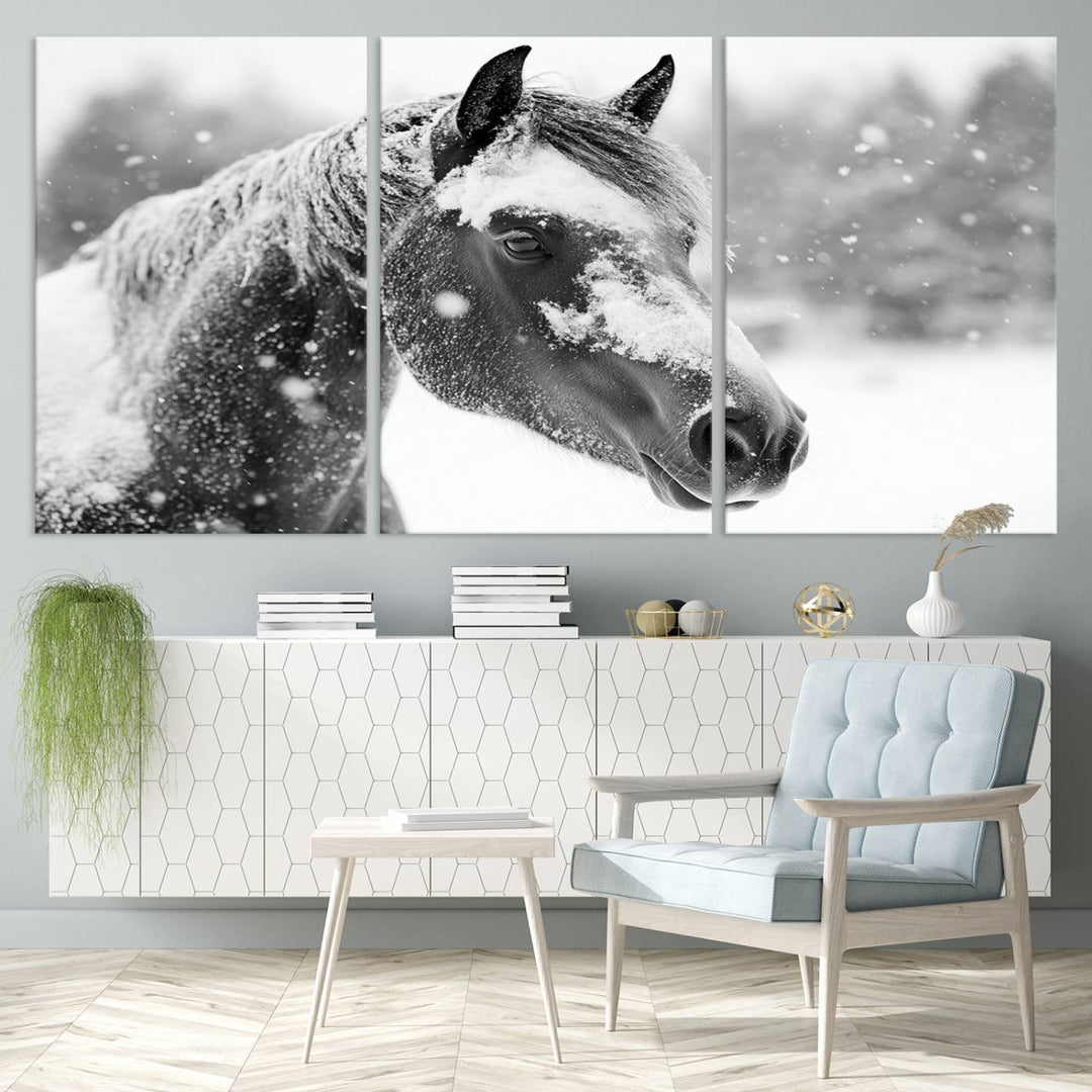 The Black Horse Winter Wall Art, framed and ready to hang, is beautifully displayed as farmhouse and western wall decor.